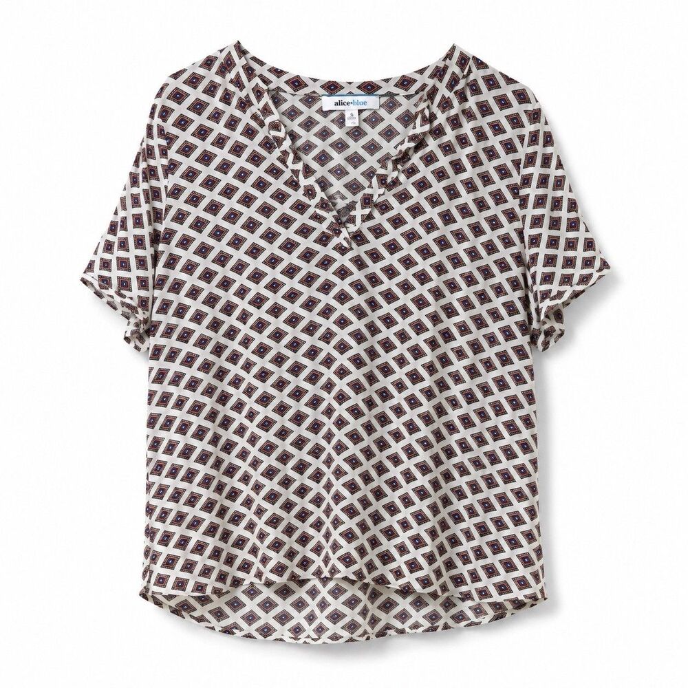 Aliceblue Blouse Women's XL White Geometric V Neck Roll Tab Sleeve Tunic Top